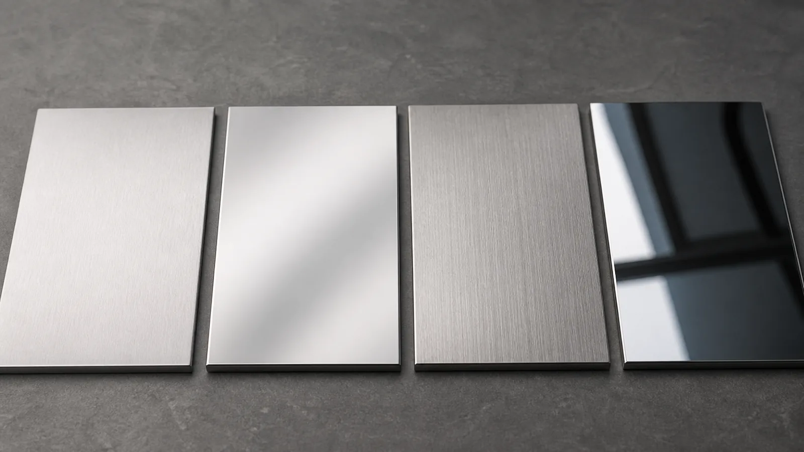 304 stainless steel sheet surface finish samples showing satin, bright, brushed and mirror surfaces