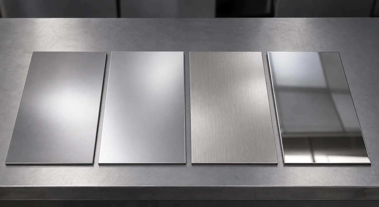 316L stainless steel sheet surface finish samples showing smooth, bright, brushed and mirror surfaces