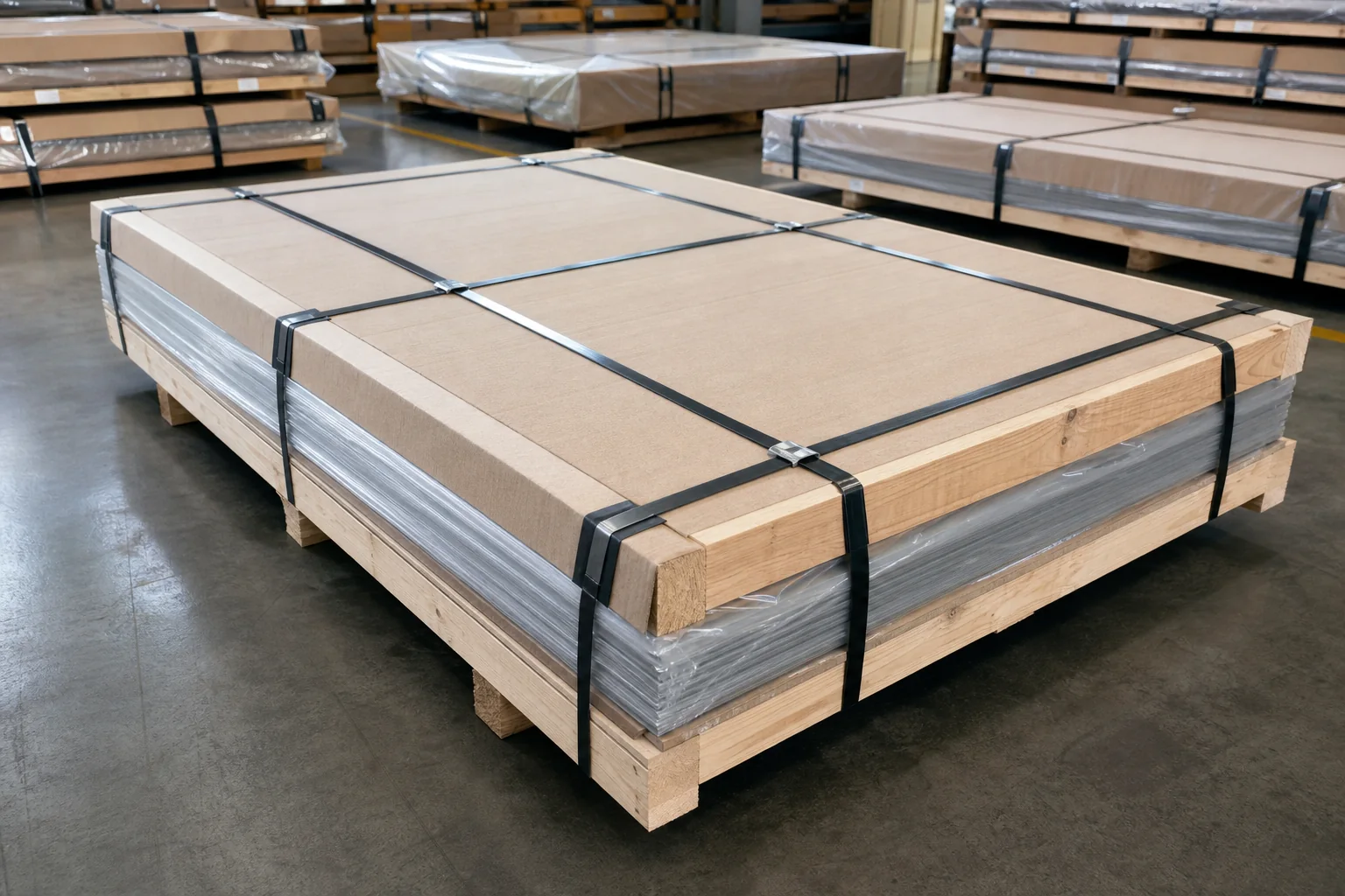 316L stainless steel sheet bundle packed with wood, film and steel strapping for export shipment