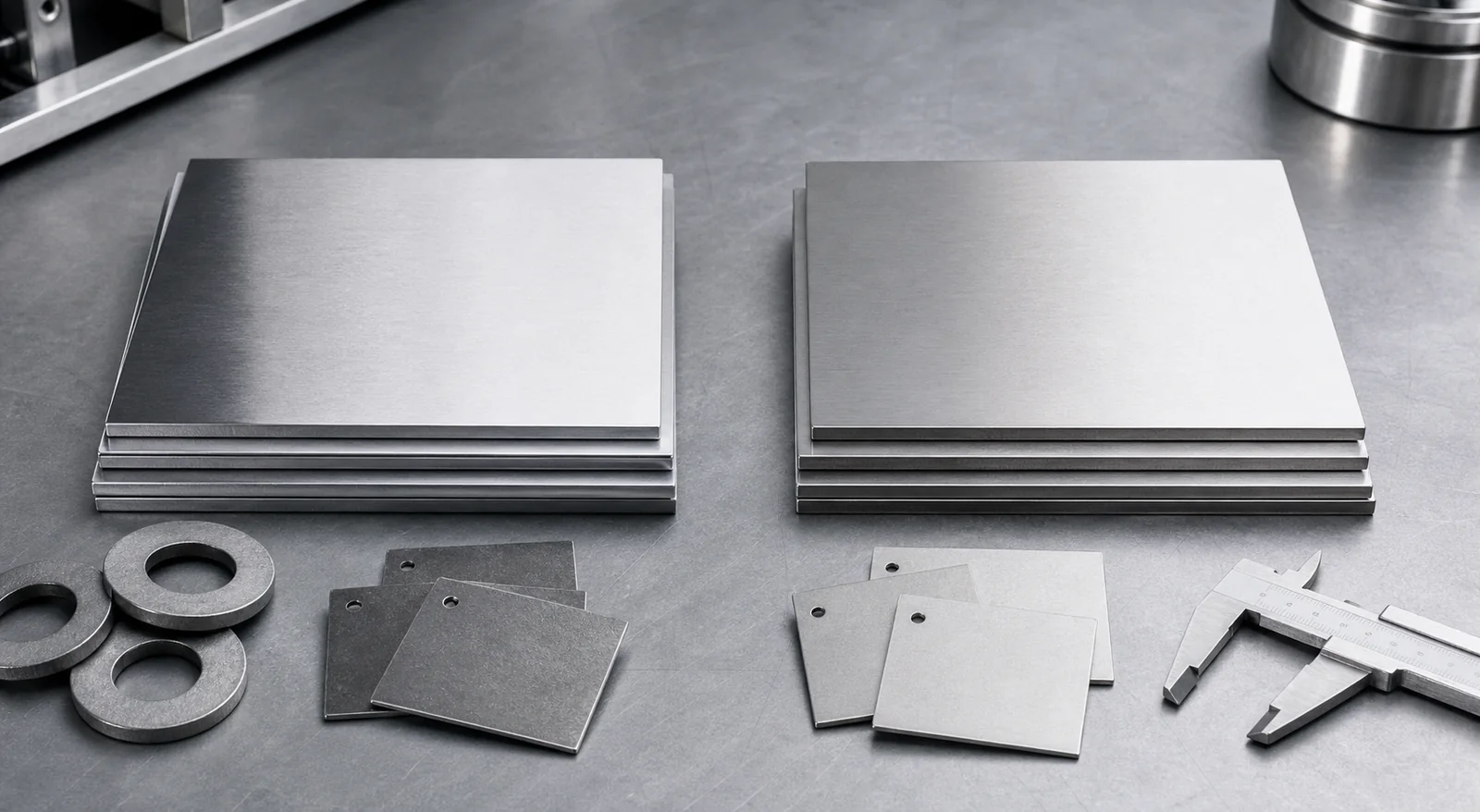 Text-free technical comparison display of 316L and 304L stainless steel sheet samples