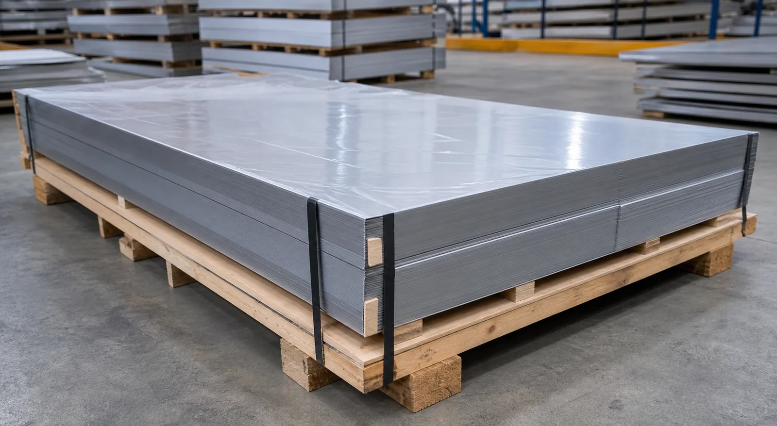 Stacked 430 stainless steel sheets with protective PVC film ready for export shipment