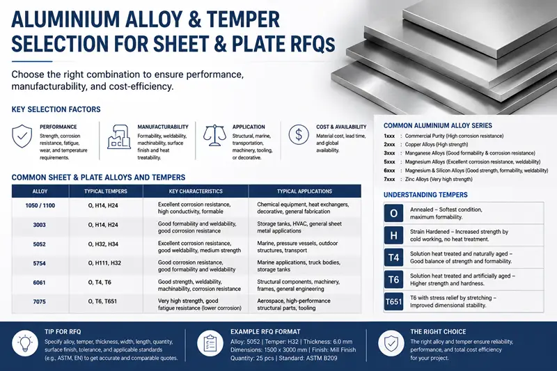 Aluminium alloy and temper selection for sheet and plate RFQs