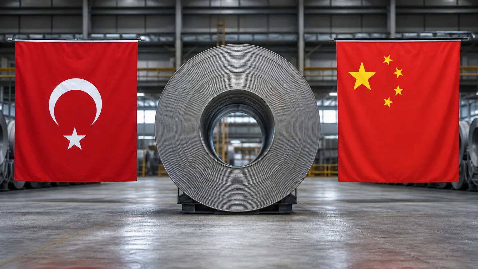 Turkish flag on the left and Chinese flag on the right, divided by a rolled steel coil