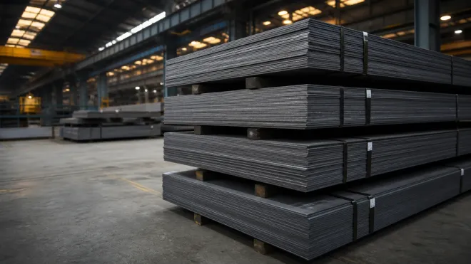 Stacked hot rolled steel sheets in mill warehouse ready for export