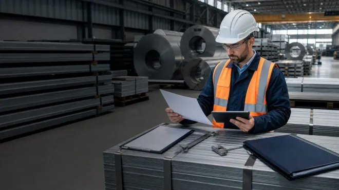 Steel quality assurance inspection with documents and tablet in a steel warehouse