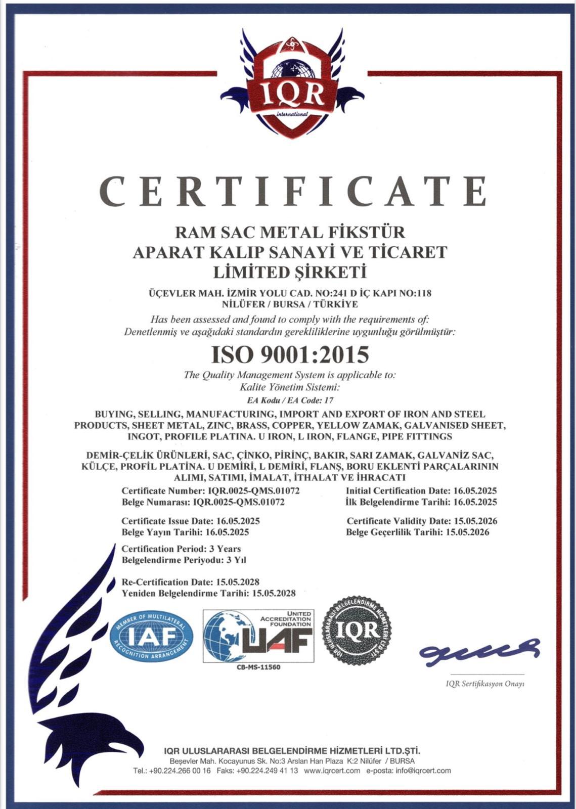 ISO 9001 2015 certificate for RAM SAC Metal Fikstur Aparat Kalip Sanayi ve Ticaret Limited Sirketi