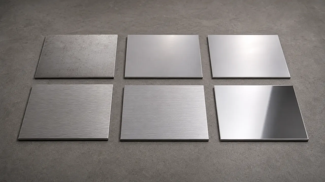 Stainless steel surface samples showing industrial, 2B, BA, brushed and mirror finishes