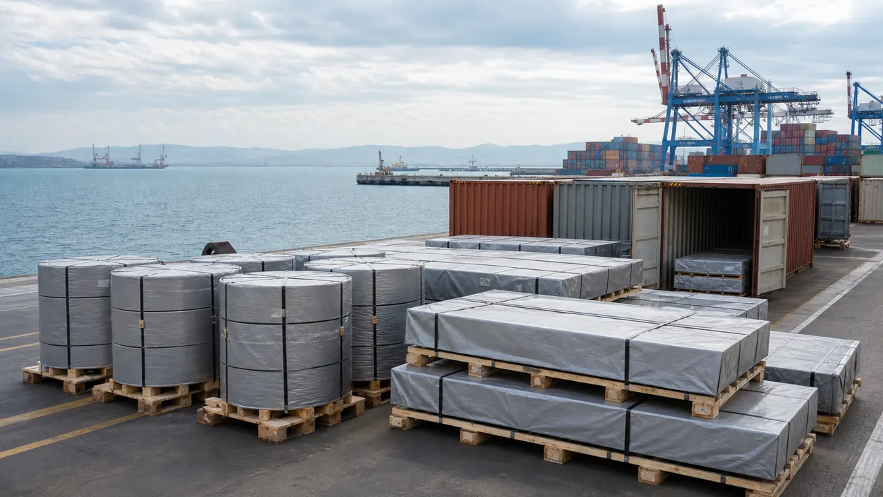 Protected stainless sheet and coil cargo prepared for export from a Turkish port