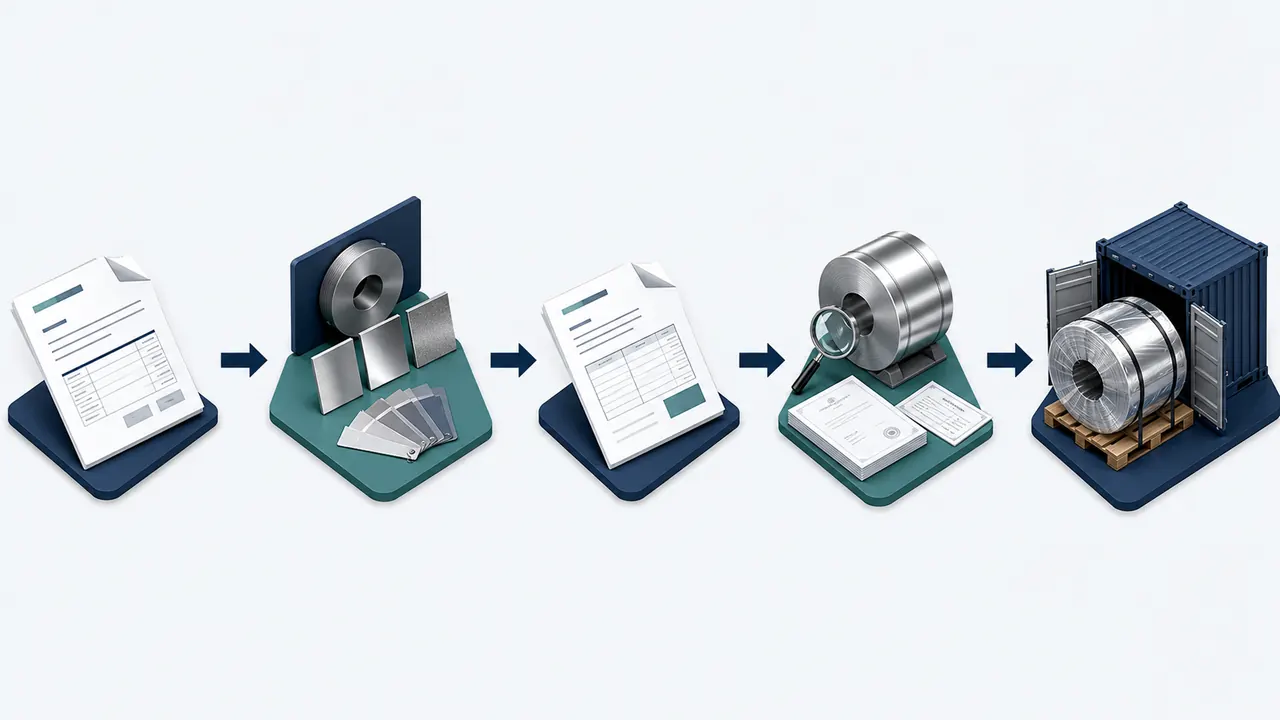 Five-stage stainless steel export workflow from RFQ and review to inspection and shipment
