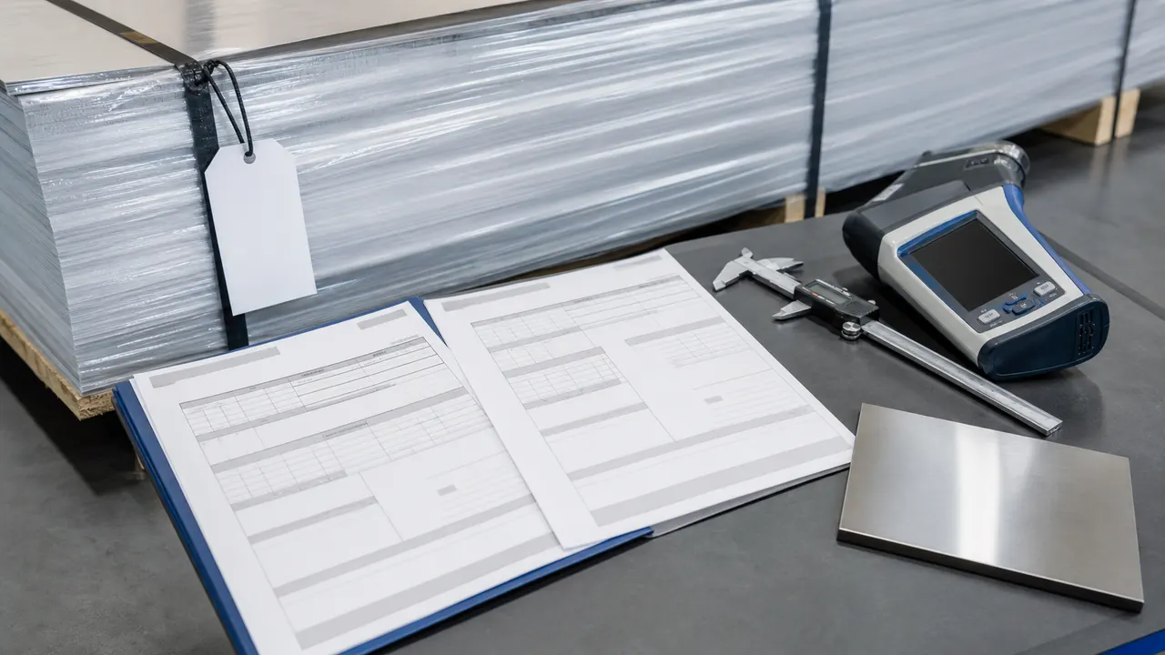Redacted stainless steel MTC documents with dimensional and PMI inspection tools