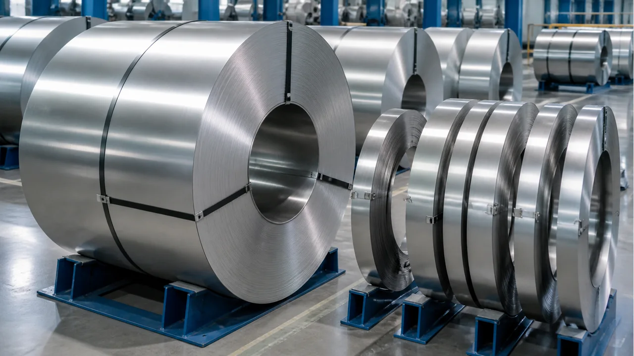 Stainless steel coils and slit strips stored on coil cradles