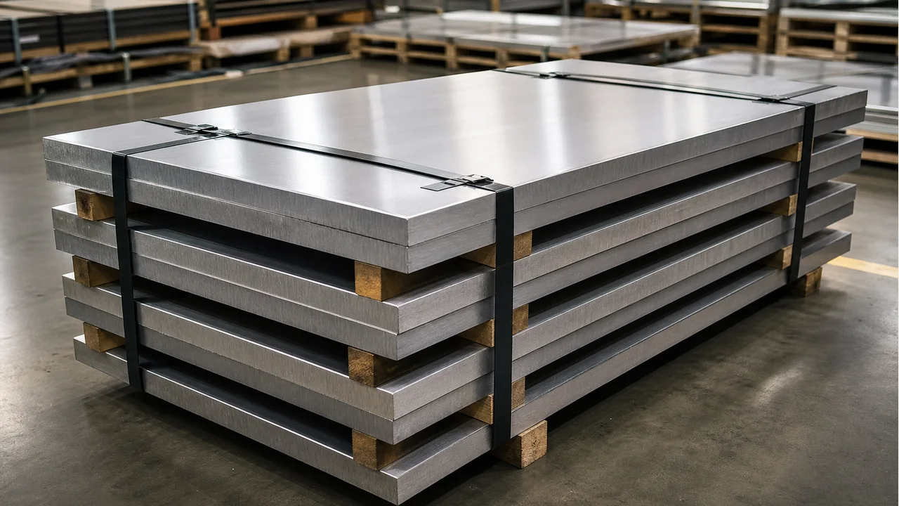 Thick stainless steel plates stacked on wooden supports for project supply