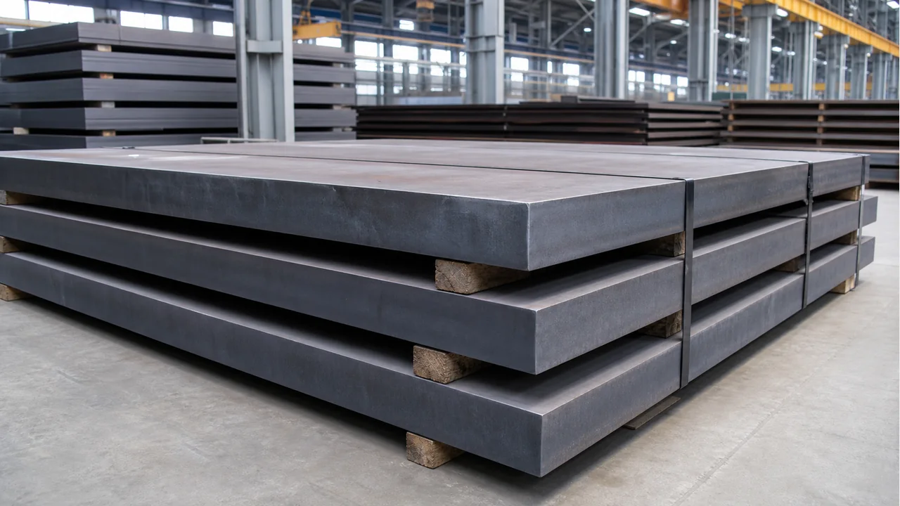Heavy steel plate bundles stacked on wooden supports in a service center
