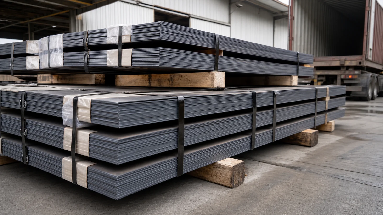 Structural steel plate bundles with export packing for shipment from Turkey