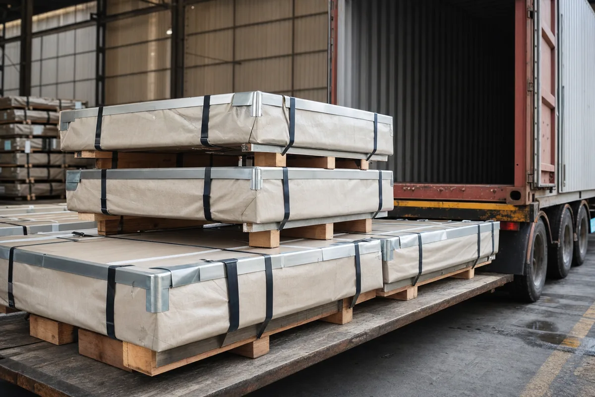 Export packed steel sheet shipment with protective wrapping and labels