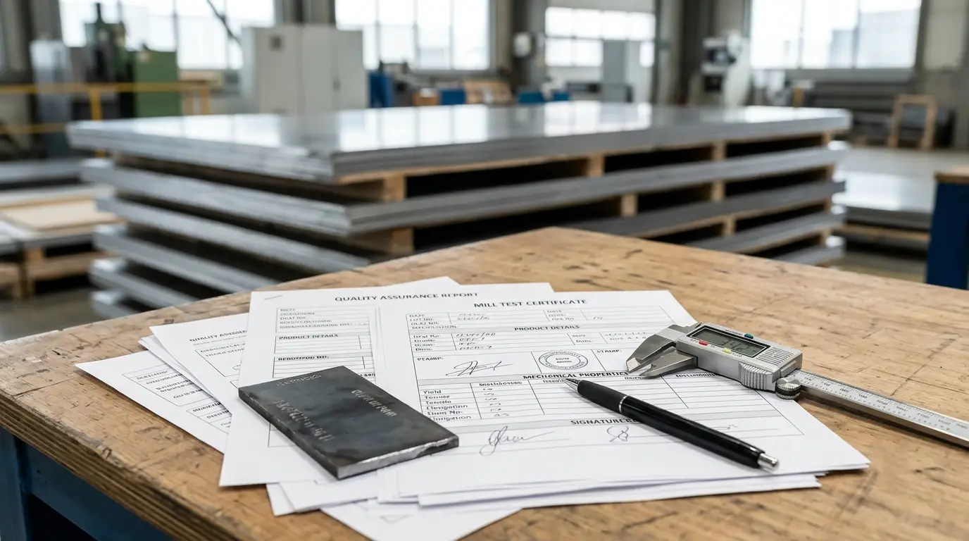 Mill test certificate and EN ASTM standards documentation for flat steel supply